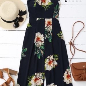 Navy Floral Pattern Tube Top Cropped Jumpsuit